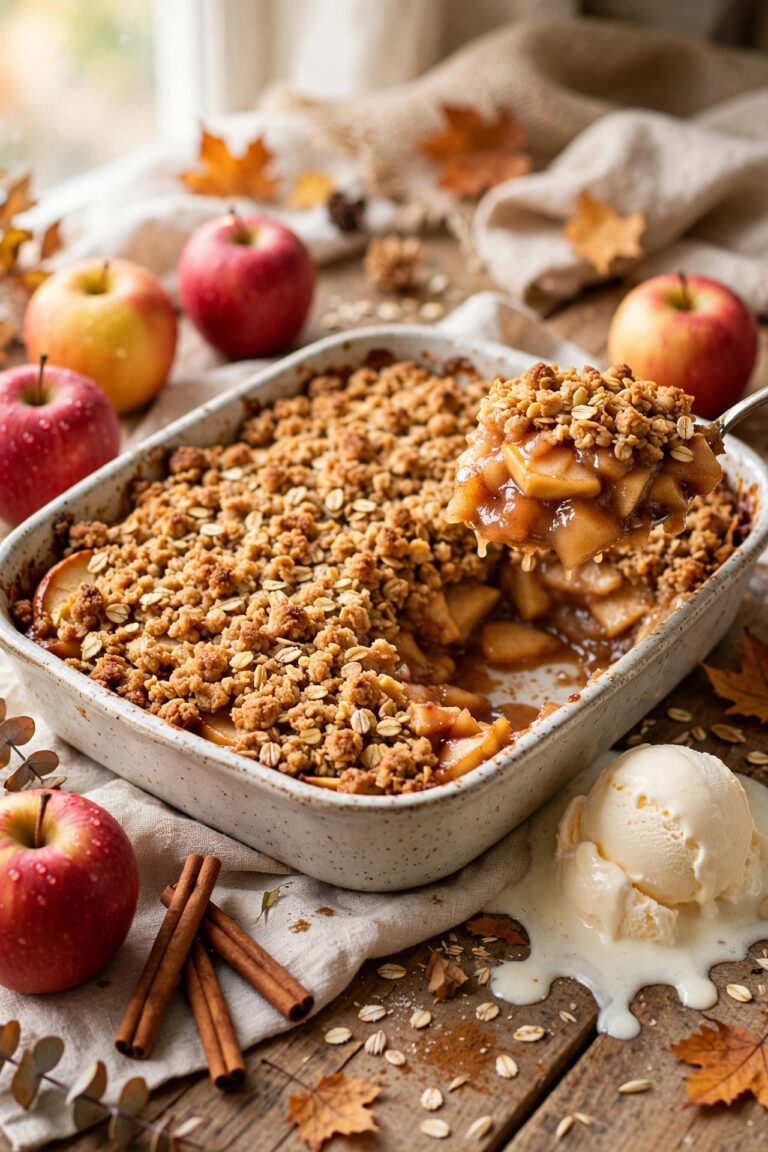 Baked apple crisp with oat topping fresh from the oven