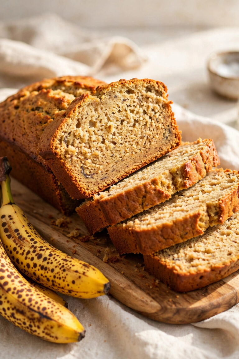 Classic banana bread loaf sliced on a board, moist and golden