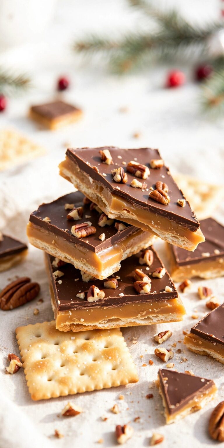 Christmas crack toffee pieces topped with chocolate and pecans