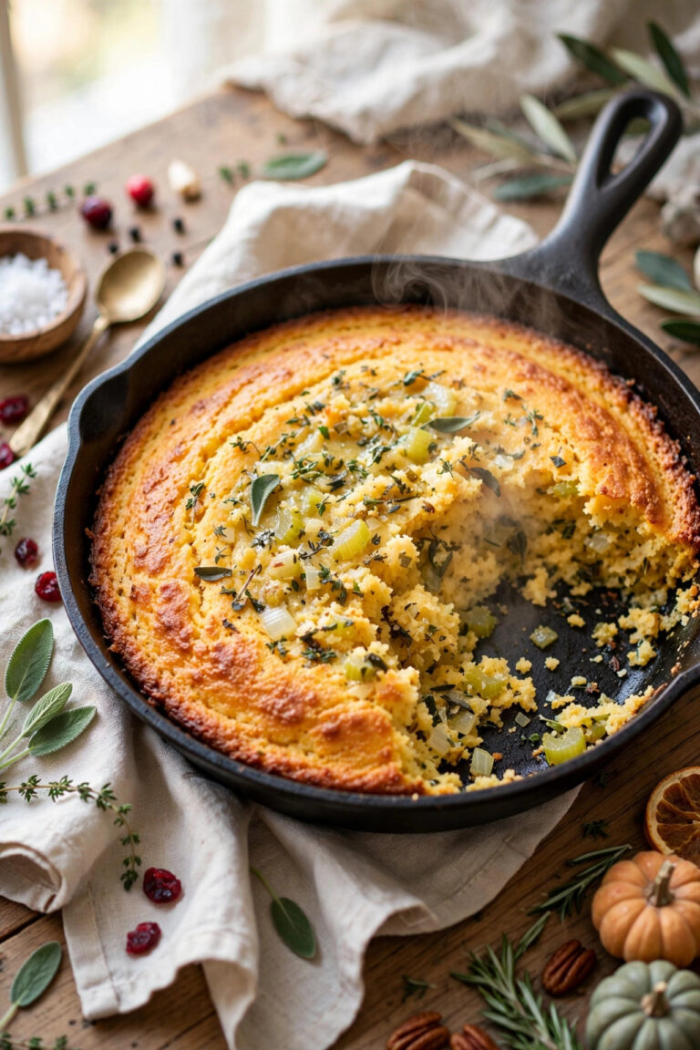 Easy cornbread dressing with crisp golden edges in a baking dish - Southern-style Thanksgiving stuffing