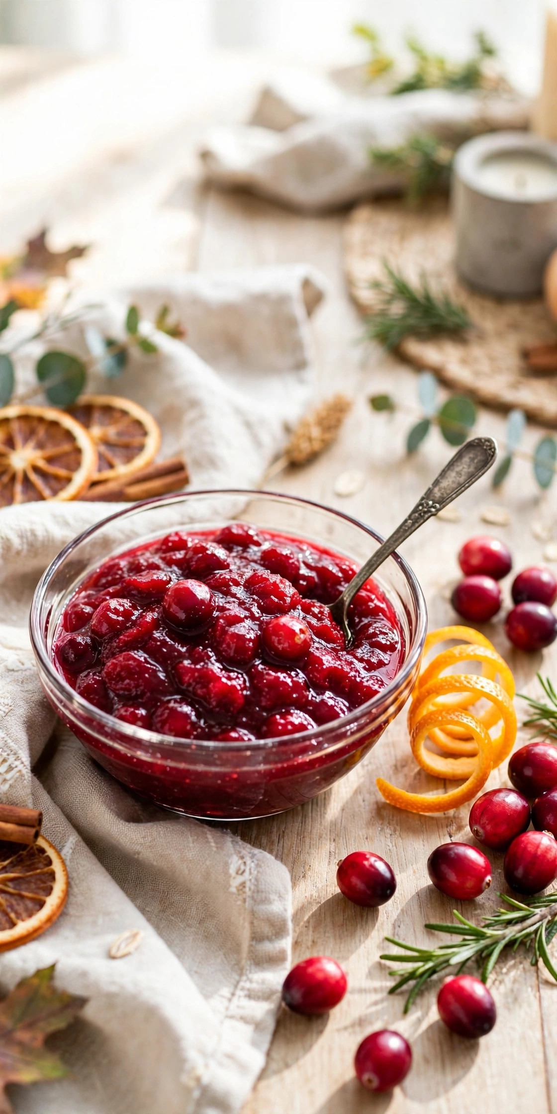 Easy homemade cranberry sauce in a glass bowl with fresh cranberries and orange slices