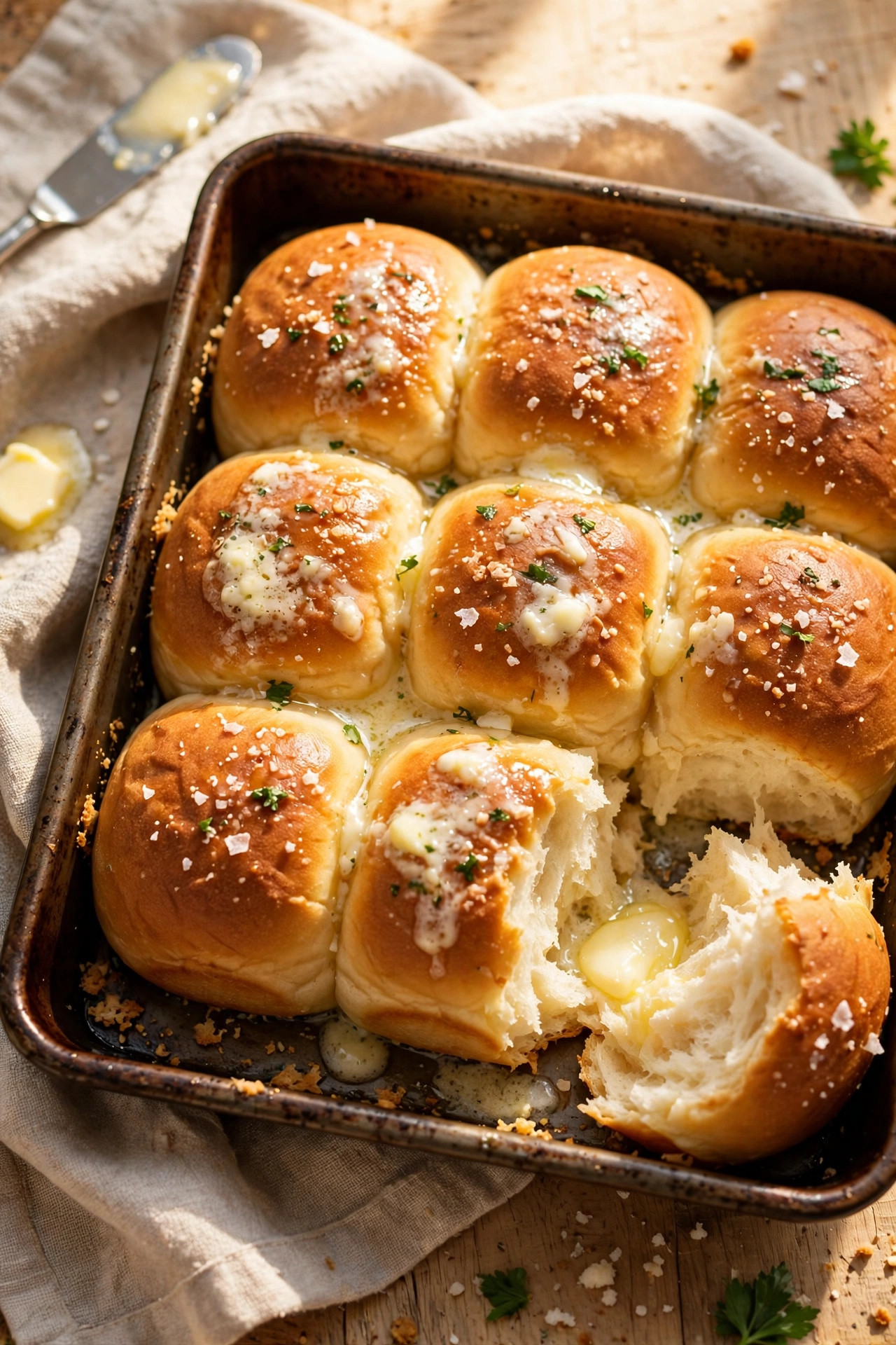 Golden pull-apart dinner rolls in a baking pan, one torn open showing the soft fluffy centre with butter melting
