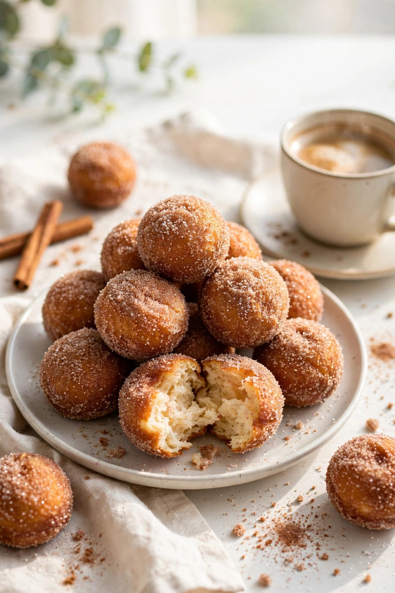 Air fryer cinnamon sugar donut holes piled on a plate with cinnamon sticks
