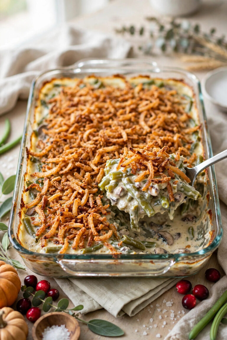 Classic green bean casserole with creamy mushroom sauce and crispy fried onion topping, served from a glass baking dish
