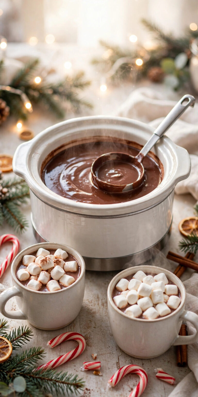 Slow cooker hot chocolate in a mug with a spoon, rich and creamy