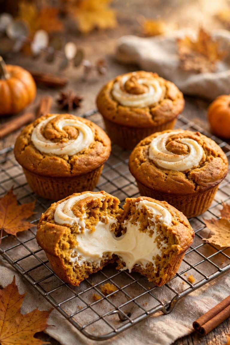 Pumpkin cream cheese muffins with a creamy swirl filling