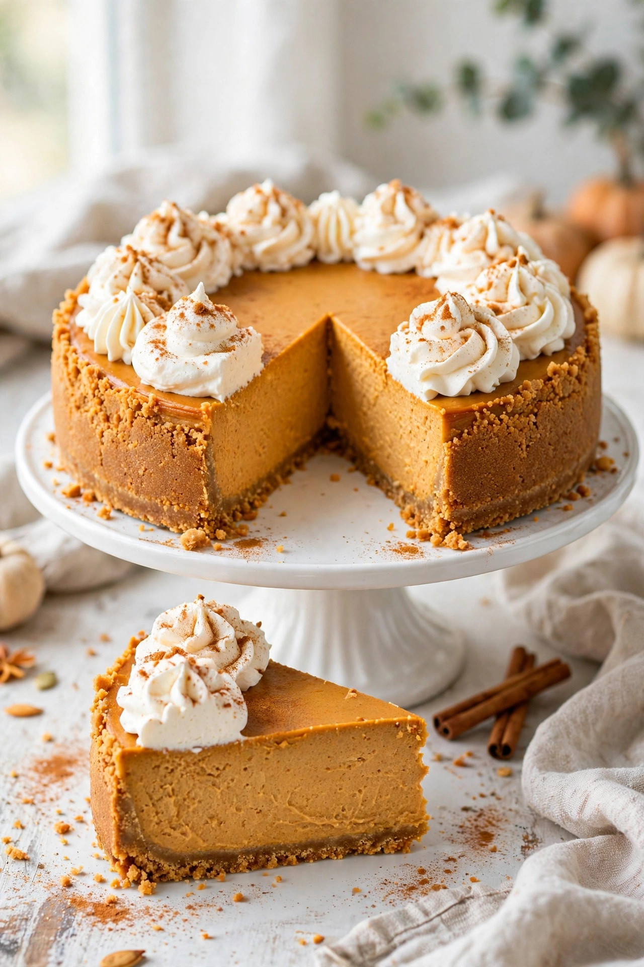 No-bake pumpkin cheesecake with spiced graham crust and whipped cream, sliced on a cake stand