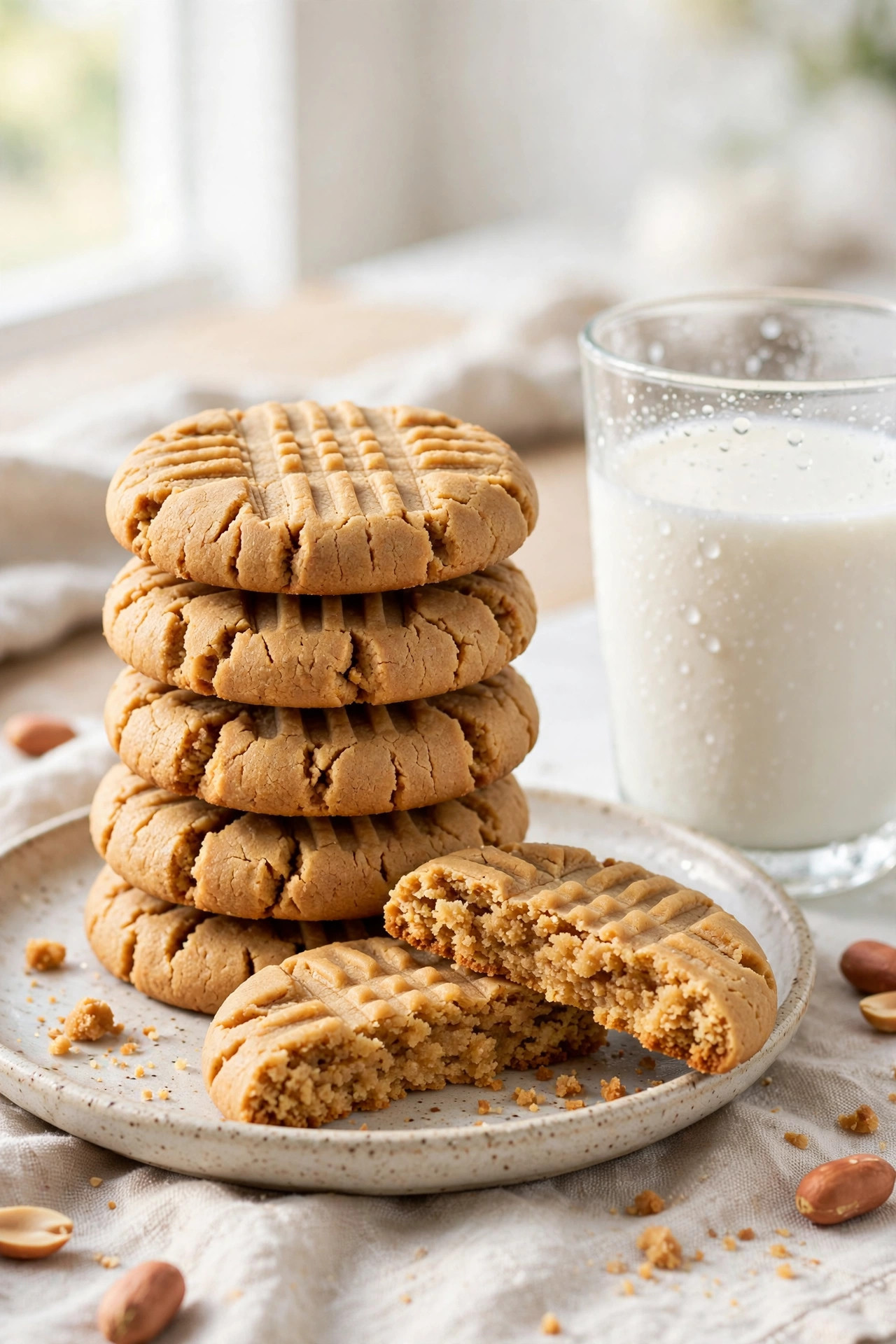 3-ingredient peanut butter cookies with fork crosshatch, one broken showing soft centre