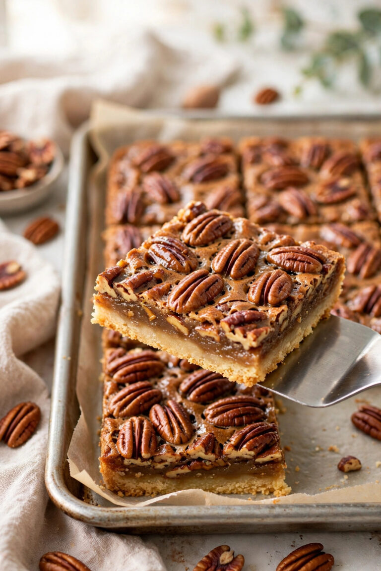 Pecan pie bars with glossy pecan tops and a buttery shortbread base, one bar lifted on a spatula
