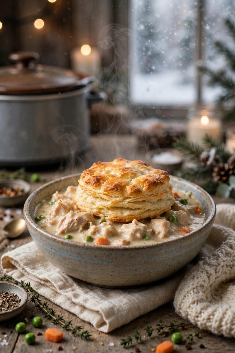 Slow cooker chicken pot pie with a golden top, cut open on a plate
