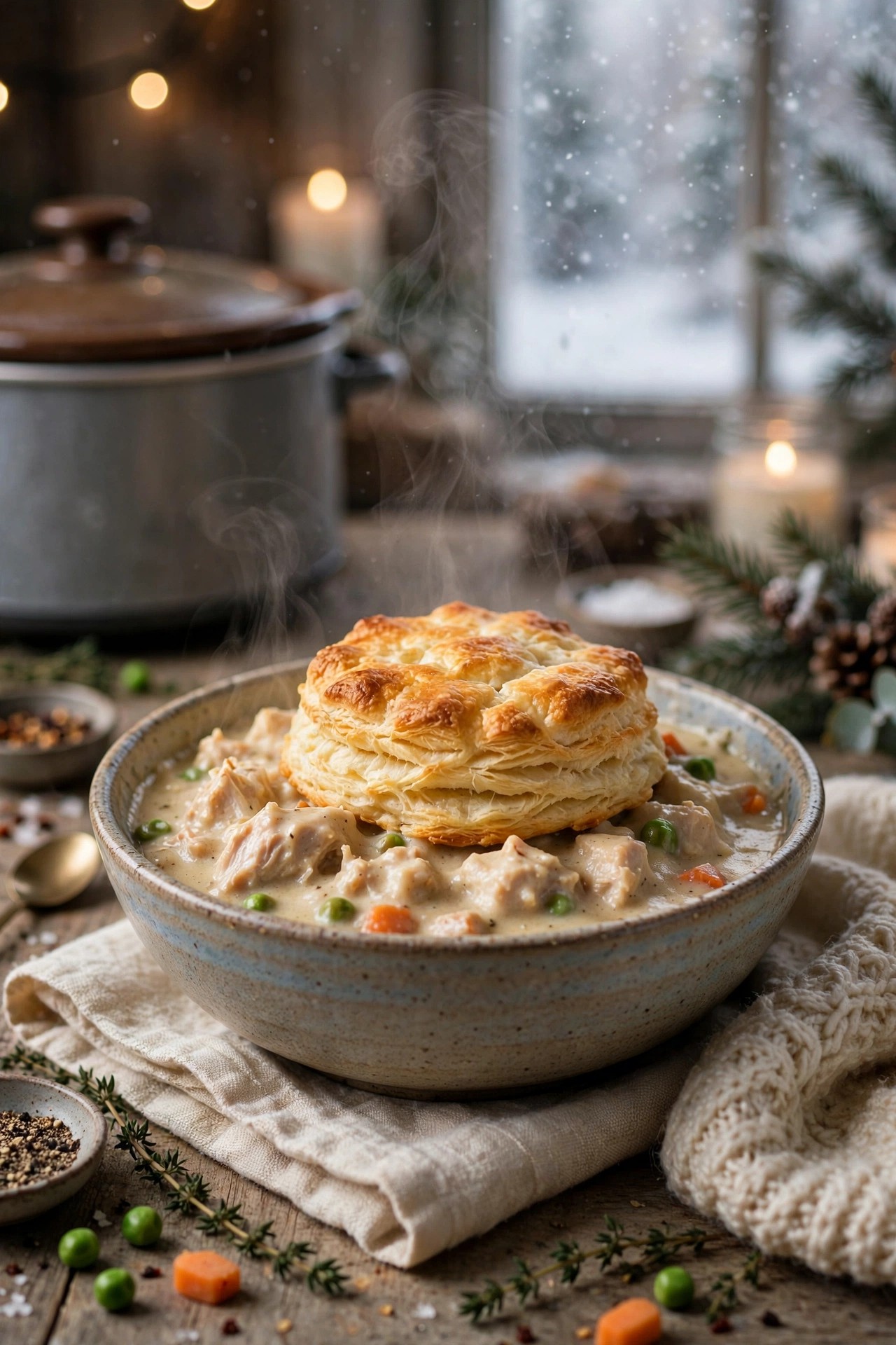 Slow cooker chicken pot pie with a golden top, cut open on a plate