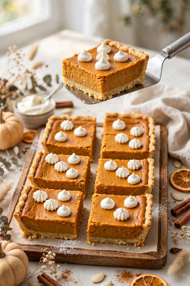 Pumpkin pie bars with buttery shortbread crust and whipped cream