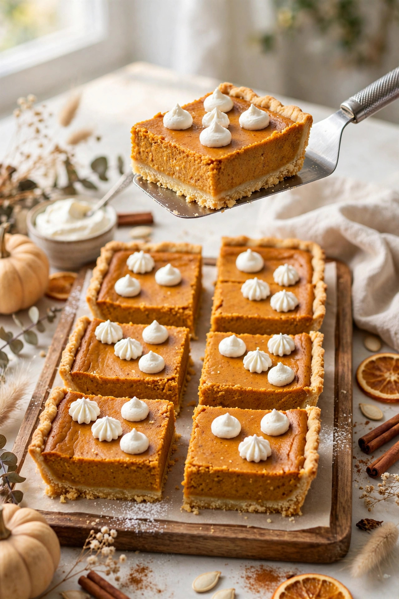 Pumpkin pie bars with buttery shortbread crust and whipped cream