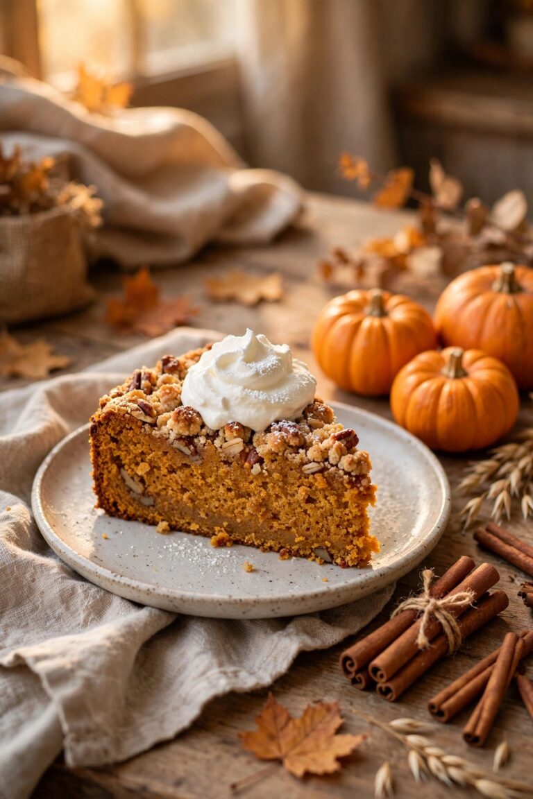 Slice of easy pumpkin dump cake with whipped cream, pumpkins and fall spices