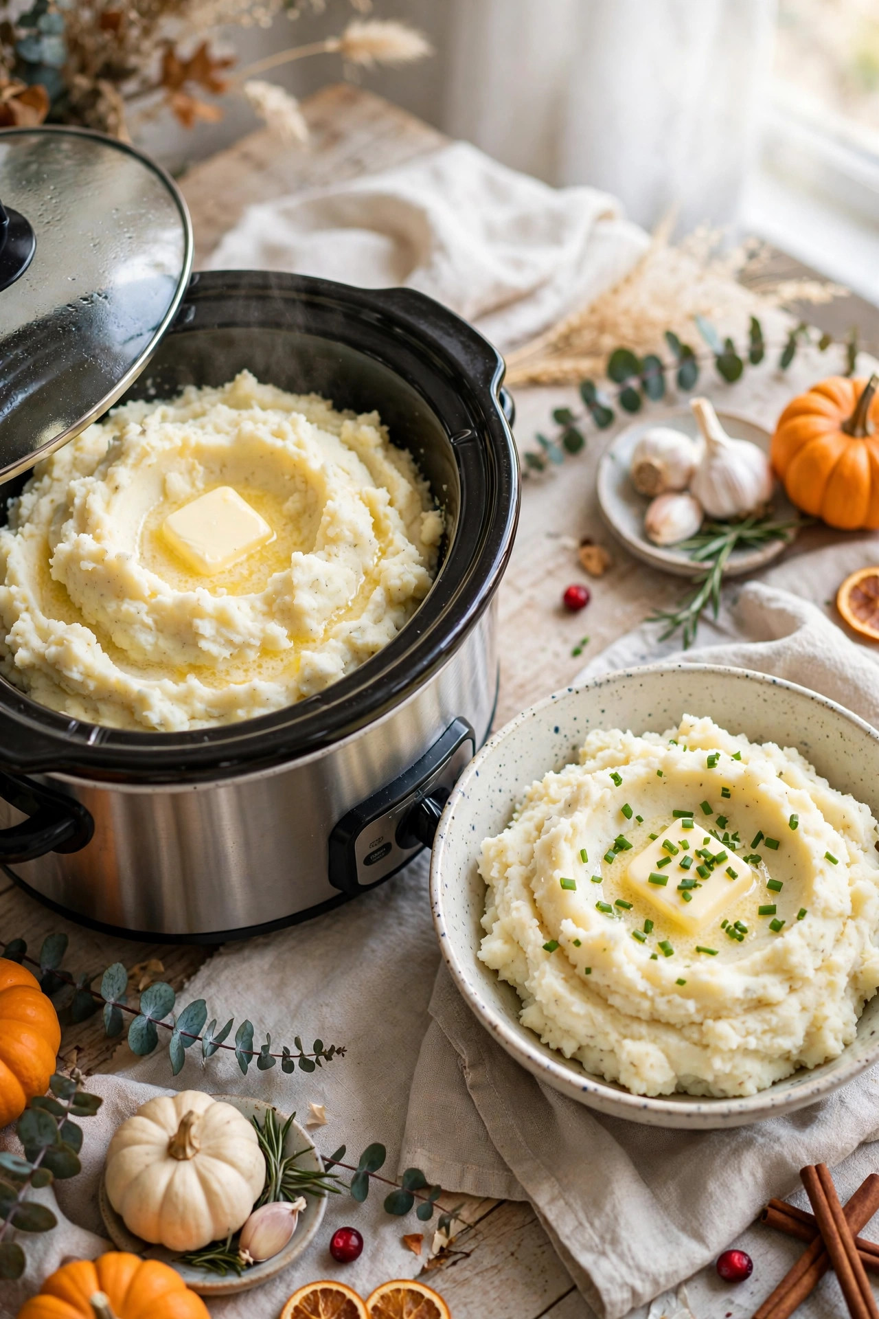 Slow cooker mashed potatoes with melting butter and chives, with a served bowl beside the slow cooker