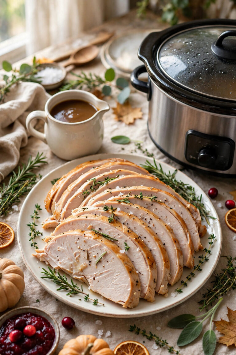 Slow cooker turkey breast sliced on a platter with homemade gravy