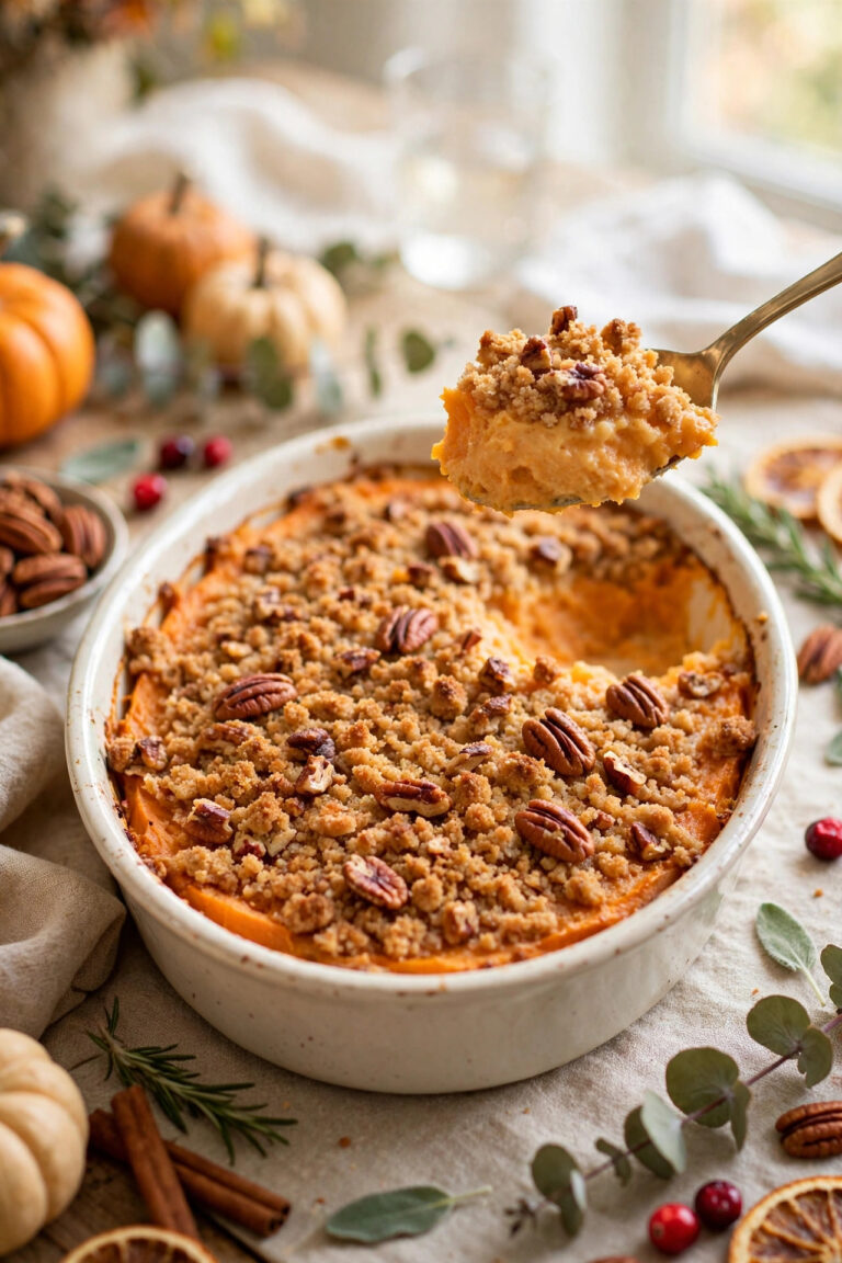 Easy sweet potato casserole with crunchy pecan topping