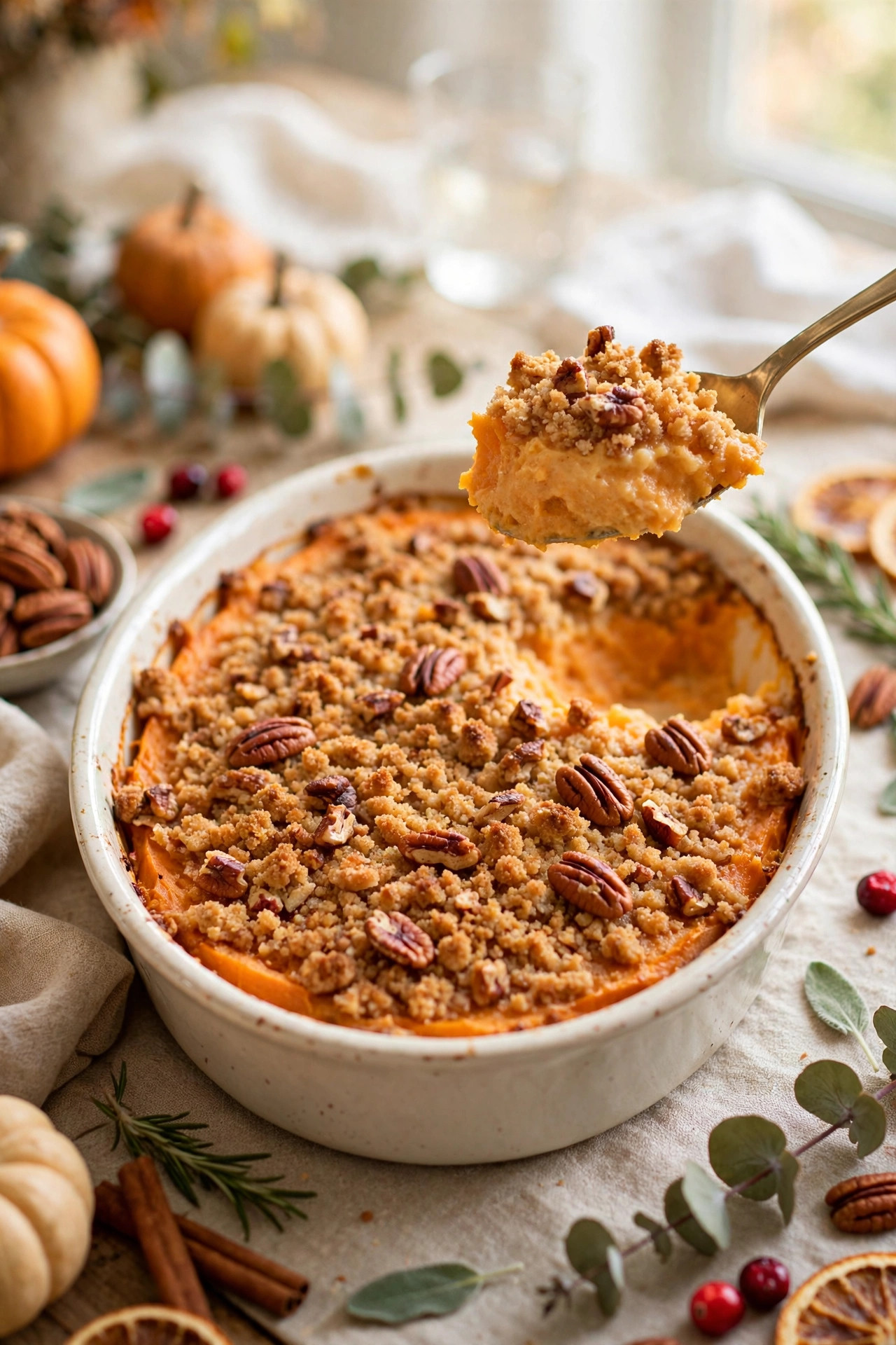 Easy sweet potato casserole with crunchy pecan topping