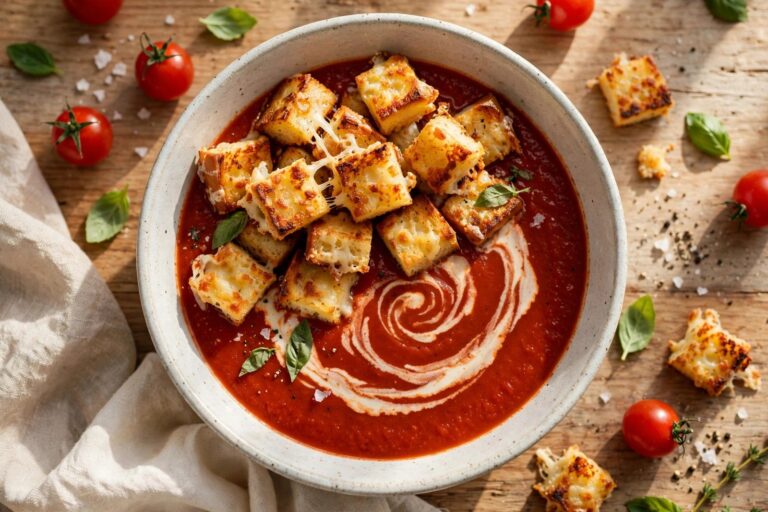 Cozy tomato soup recipe with a cream swirl and crispy grilled cheese croutons on top