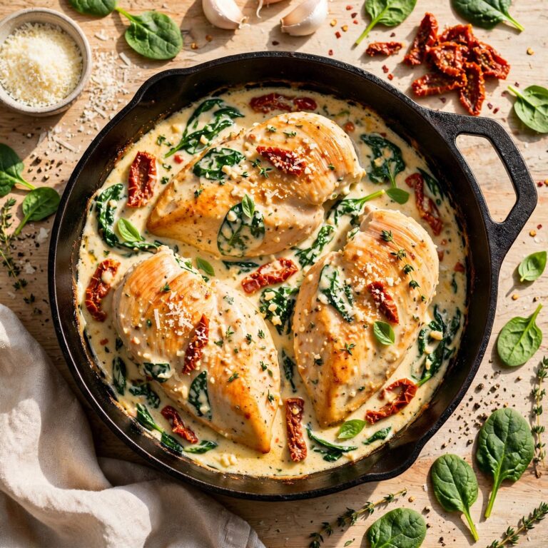 Creamy Tuscan chicken in a garlic parmesan cream sauce with sun-dried tomatoes and spinach in a skillet