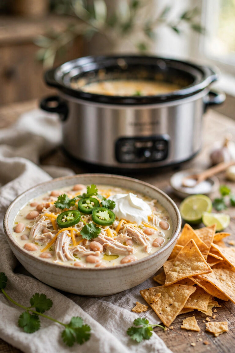 Slow cooker white chicken chili in a bowl with toppings